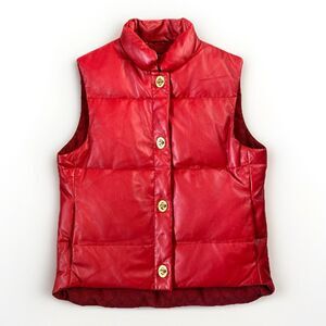 Coach Red Leather Down Puffy Vest w/ Turn lock Gold Hardware Womens Size XS